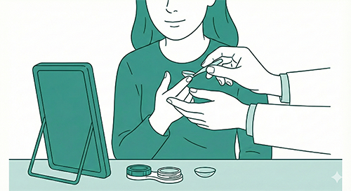 Mujer probándose lentillas en óptica