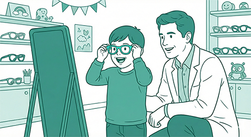 Niño feliz probándose gafas nuevas